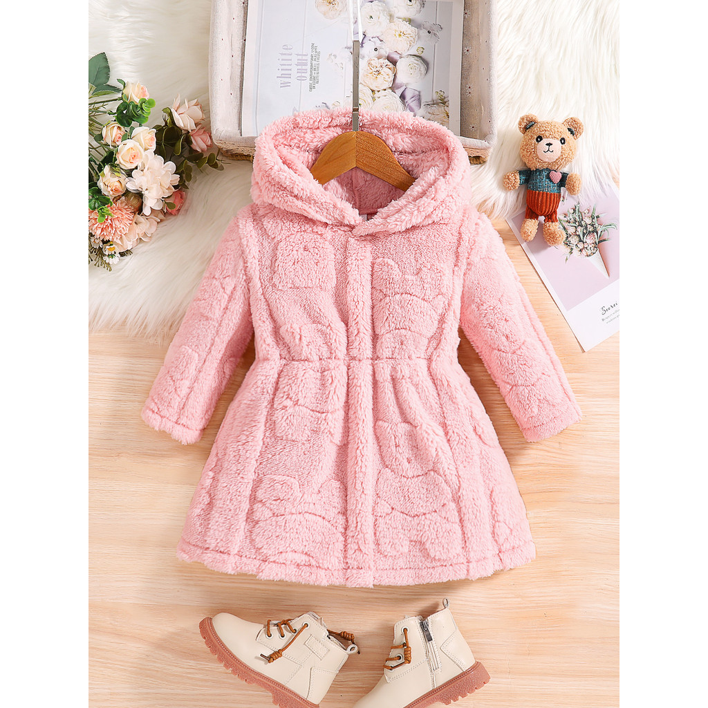 Meninas primavera e outono moda infantil casa casual quente veludo rosa casaco com capuz 4-8y1