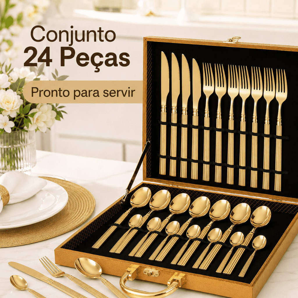 Conjunto de 24 Talheres de Aço Inoxidável Dourado Conjunto de Talheres Cintura Fina Dourado Série Deluxe Vendido(s) 