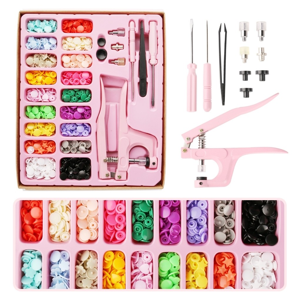 Kit de alicates de pressão rosa 3 em 1 aplicador de botão colorido com alicate + 200 botões de plástico com cupom 