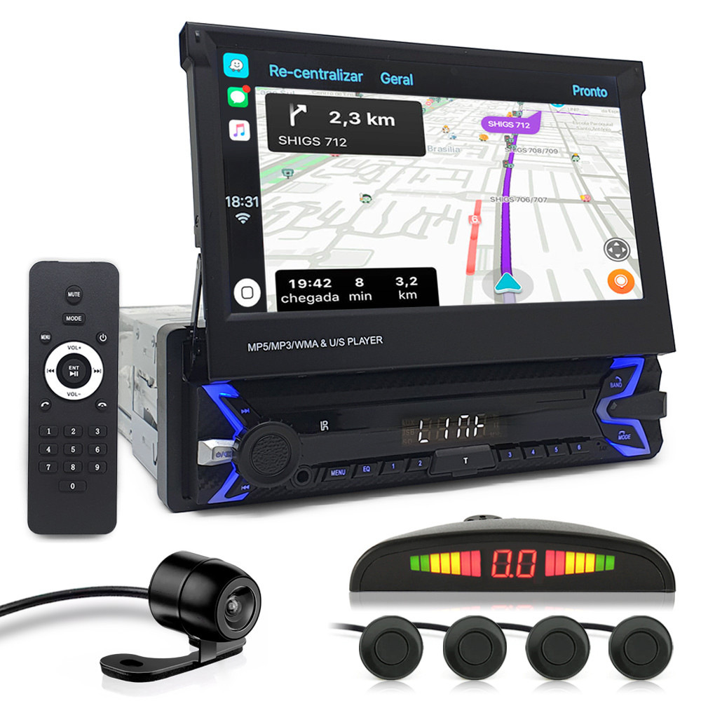 Kit Multimídia Tela Retrátil + Câmera Ré + Sensor Ré Preto Corolla 2013 2014 2015 2016 2017 Espelhamento Carplay