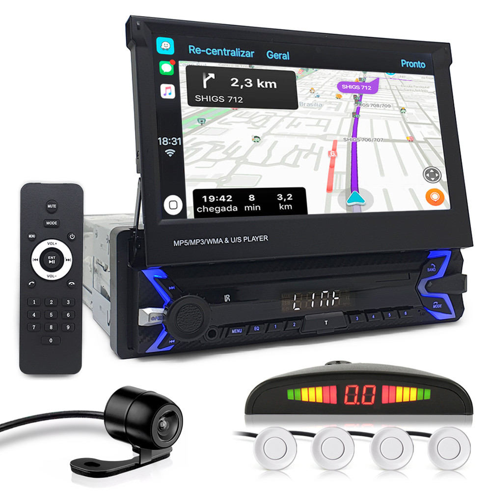 Kit Multimídia Tela Retrátil + Câmera Ré + Sensor Ré Branco Corolla 2013 2014 2015 2016 2017 Espelhamento Carplay