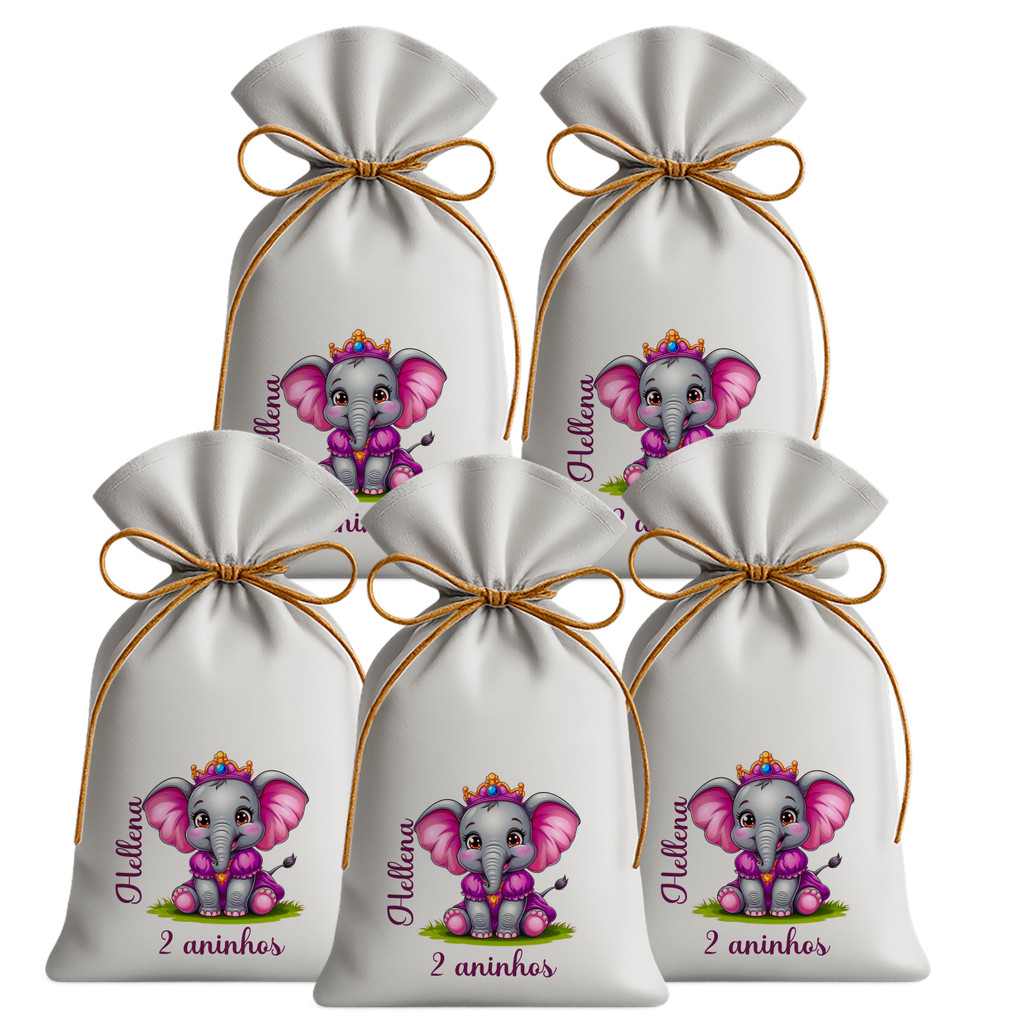Kit 20 Saquinhos Sacolinhas Lembrancinha Festa Aniversário Tecido Personalizado Elefantinha princesa lilás