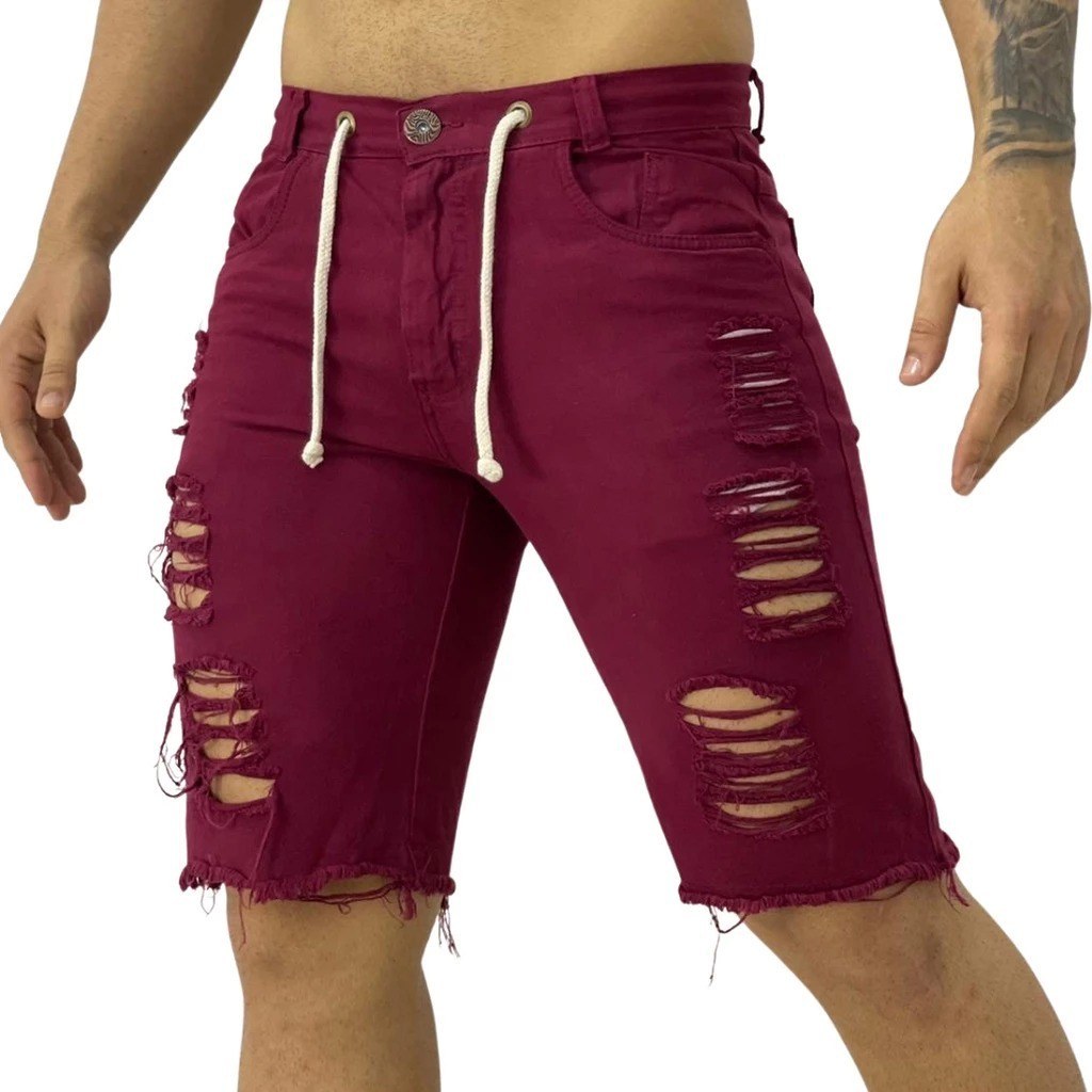 Bermuda Short Jeans Destroyed Masculina Vinho Rasgada Elastano Estilo Casual