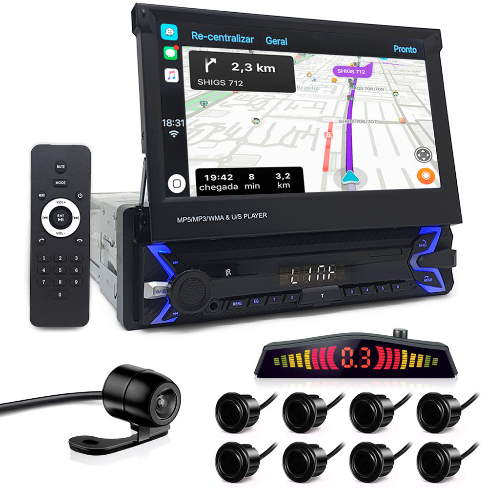 Kit Multimídia Tela Retrátil + Câmera Ré + Sensor 8 Pontos Preto Palio G4 2008 2009 2010 2011 2012 Espelhamento