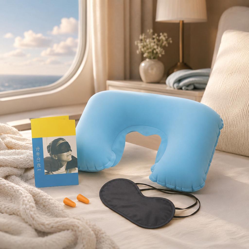 Kit Viagem Completo Almofada Inflável de Pescoço Travesseiro Máscara para Olhos e Protetores