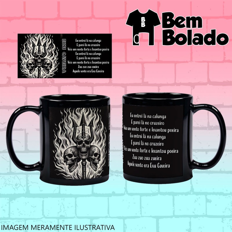 Caneca Preta Exu Caveira  Tridente Caveiras e Fogo  Ponto de Exu