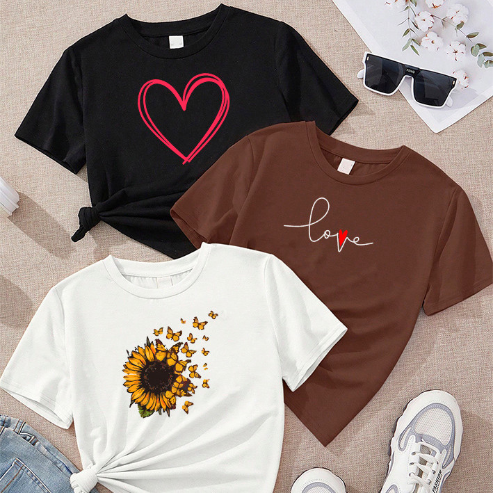 Kit 3 T-Shirts Feminina Coração Risco Love Girassol Borboletas Básica Kit 3 Cores Algodão