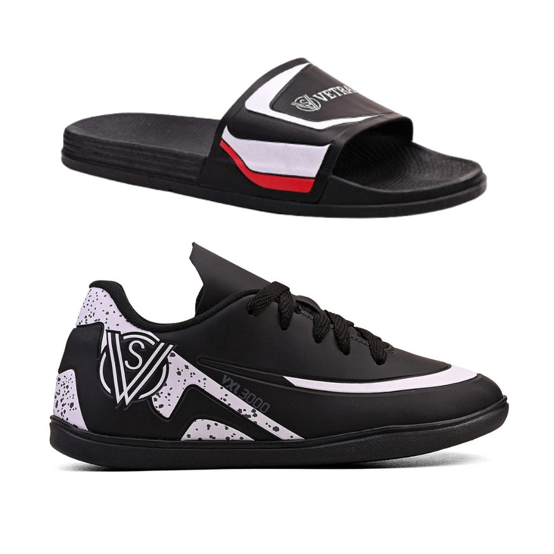 Kit Chuteira Infantil para Meninos Indoor Futsal + Chinelo Slide Nuvem