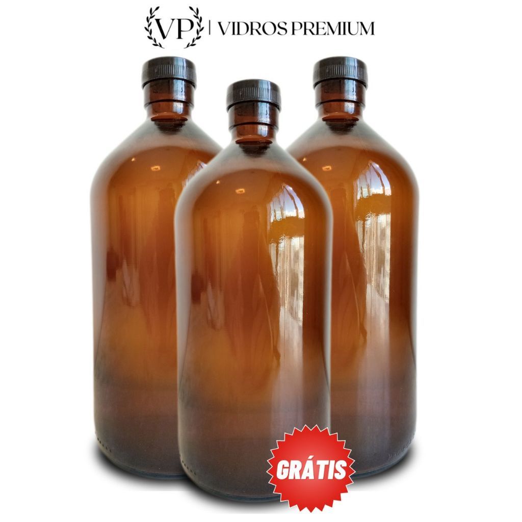 Kit 3 Growler Garrafa Vidro 1 Litro Âmbar Tampa E Batoque Alta Resistência Reutilizável