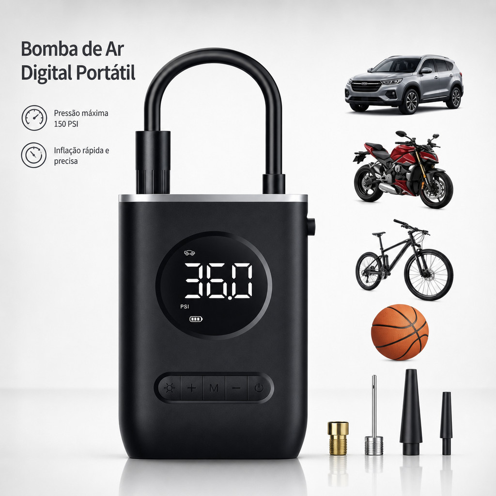 Compressor de Ar Portátil Digital MCH2505 Bomba para Pneus Carro Moto Bicicleta Bolas e Infláveis — imagem 2 de 2