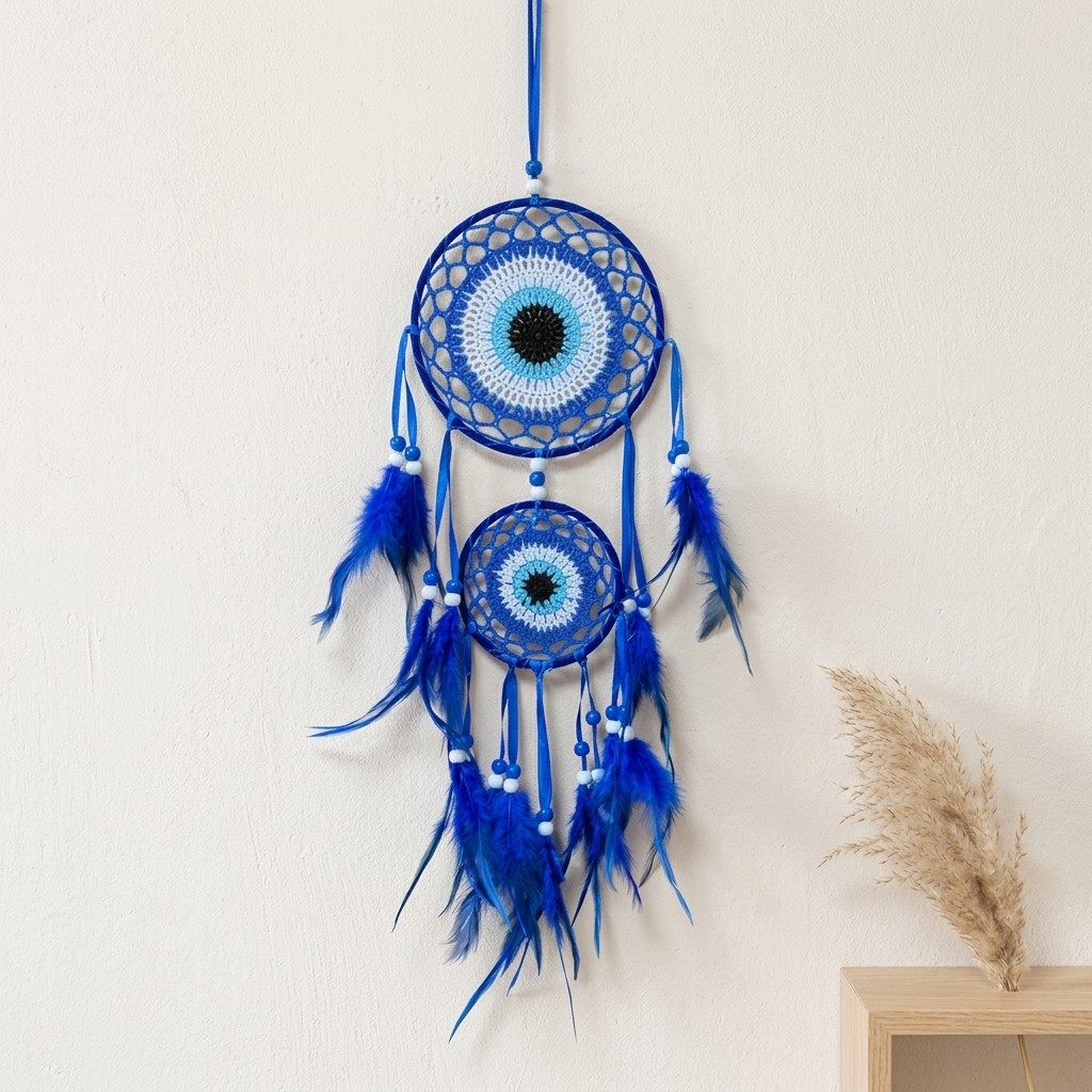 Pendente Filtro Dos Sonhos Olho Grego Duplo Com Penas Decoração De Parede Estilo Boho 60cm