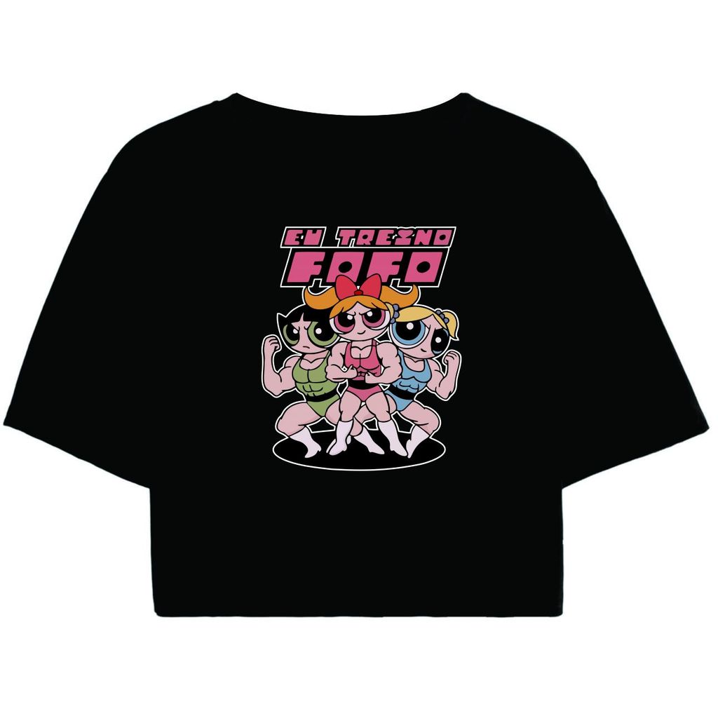 Cropped Feminino Preto Tumblr blogueira Eu Treino Fofo Meninas Super Poderosas Lindinha Docinho Florzinha feminina manga