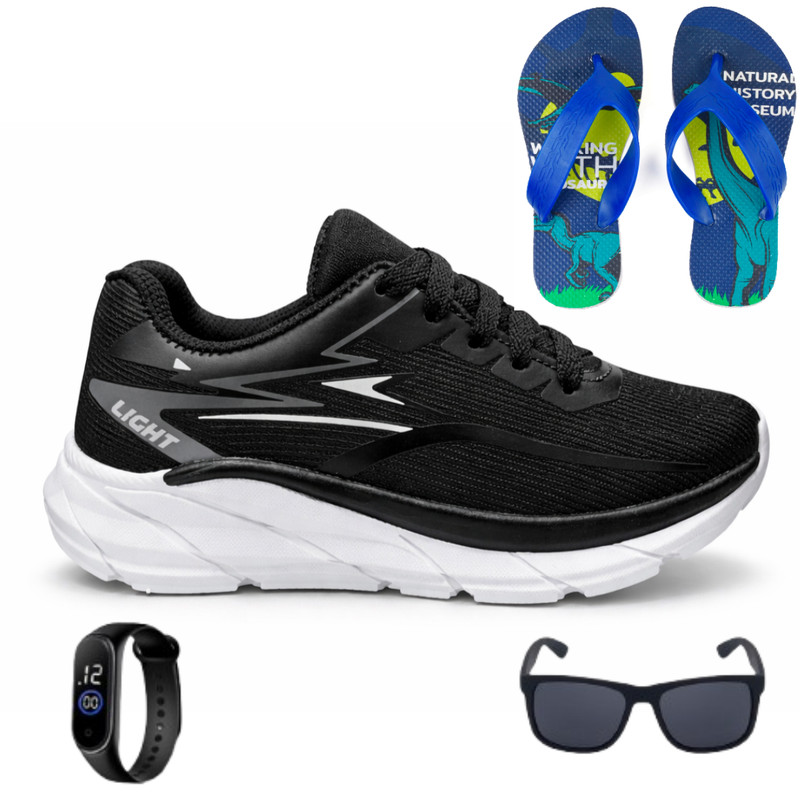 Kit de Calçados para Meninos com Tênis Leve Confortável para Dia a Dia e Escola + Chinelo + Óculos + Relógio