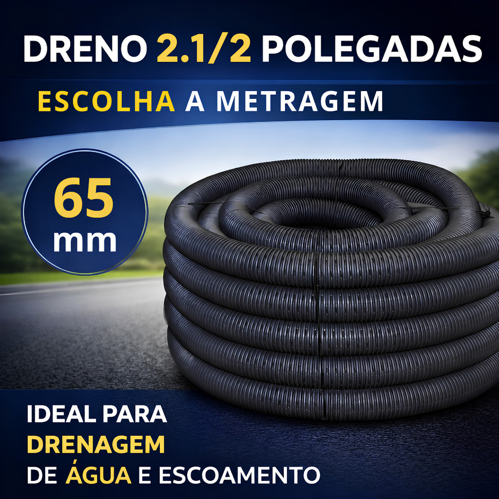 Tubo Duto PEAD Corrugado Dreno Perfurado 2.1/2 pol (65mm) Rolo 10/25 Metros para Construção Resistente