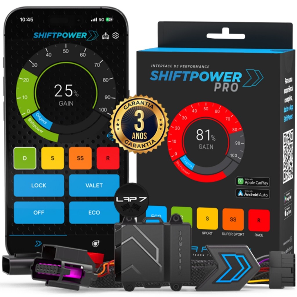 ShiftPower PRO Faaftech Chip Pedal Acelerador Bluetooth CarPlay Android Auto Multimídia Controle Potência Carro Turbo