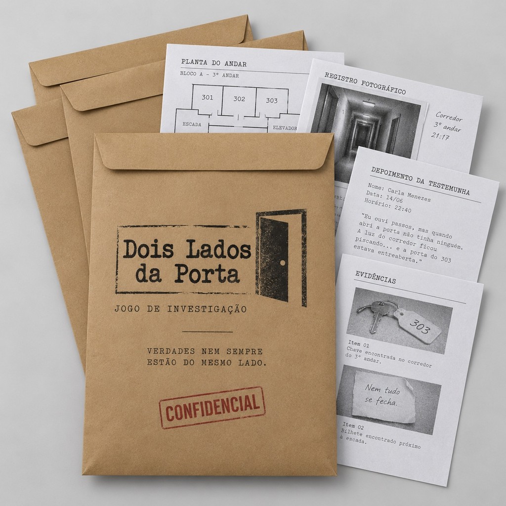 Caixa do jogo Escape Room para duas pessoas Dois Lados da Porta, com envelopes