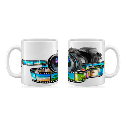 Caneca Fotografia Câmera Profissional Preta Lente Zoom Filme com Fotos de Praia e Flores Presente