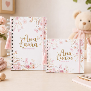 Kit Caderneta Vacina + Livro do Bebê Personalizado Floral Lilás Aquarela Presente Maternidade Menina