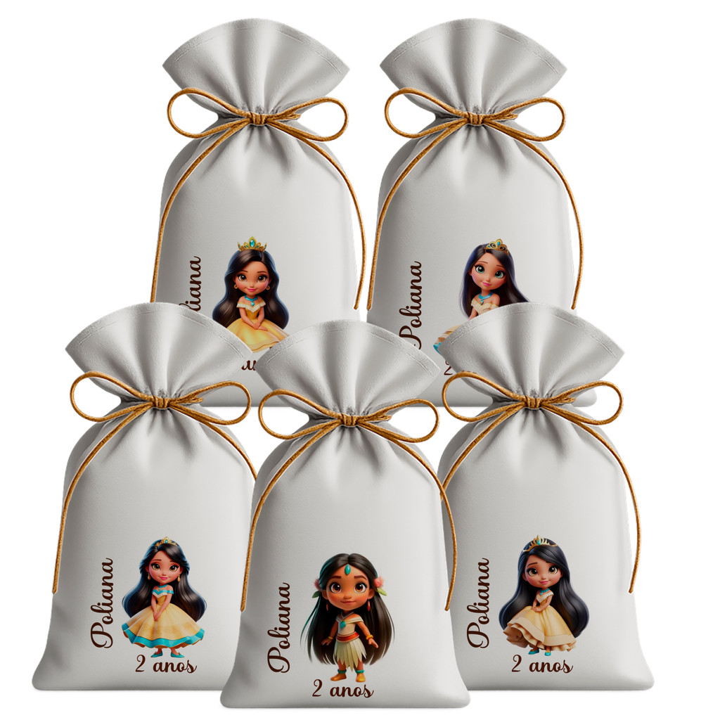 Kit 30 Saquinhos Sacolinhas Lembrancinha Festa Aniversário Tecido Personalizado Pocahontas 3D