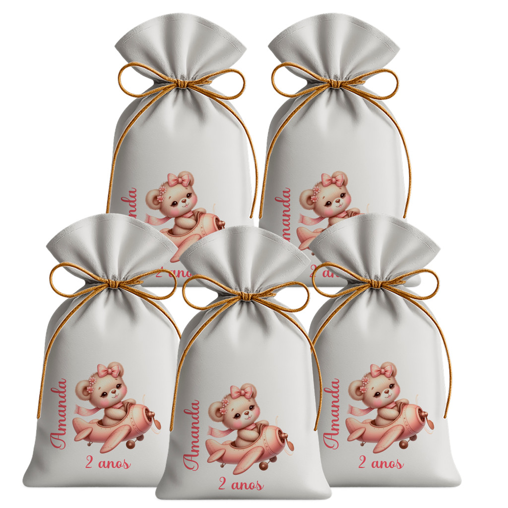 Kit 15 Saquinhos Sacolinhas Lembrancinha Festa Aniversário Tecido Personalizado Ursinha aviadora 3D