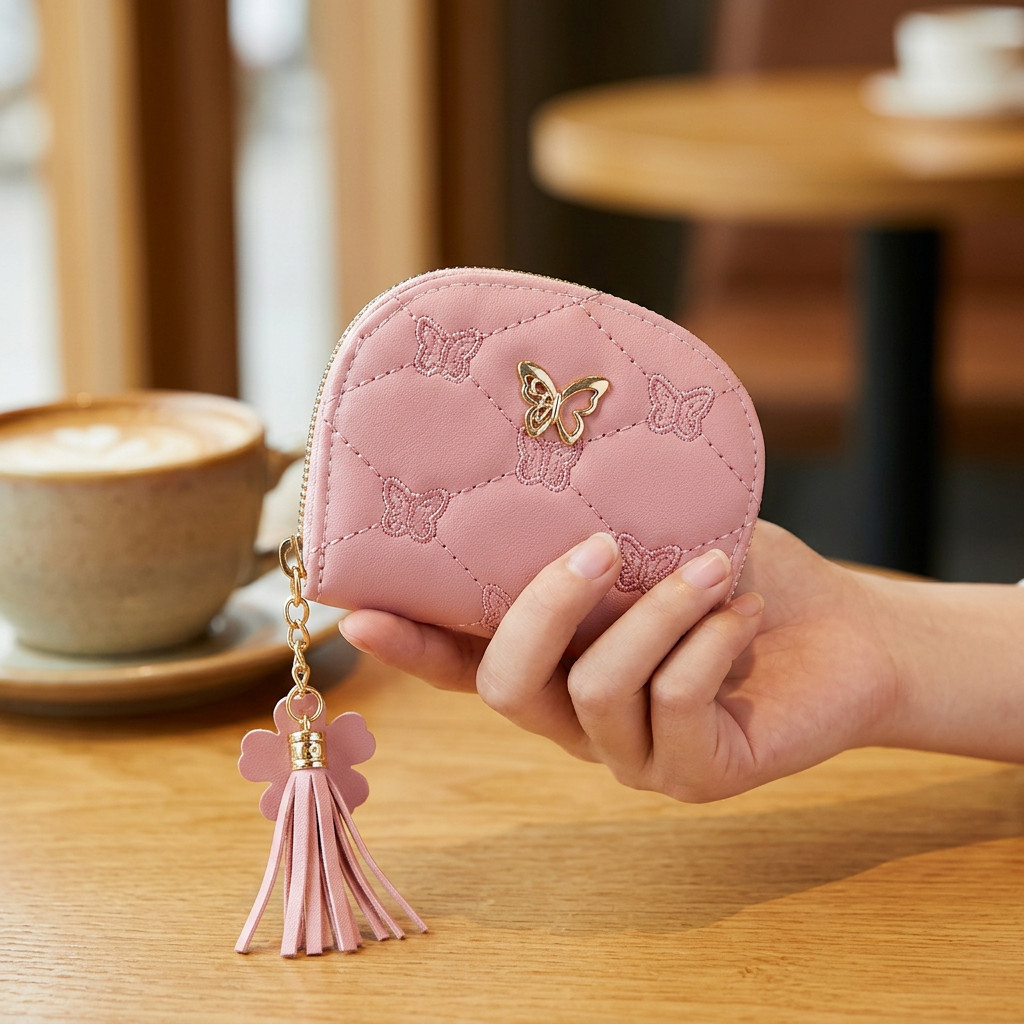 Carteira Feminina Curta Couro PU Bordado Borboleta Com Zíper Vários Porta-Cartões Pingente Franja Elegante Portátil