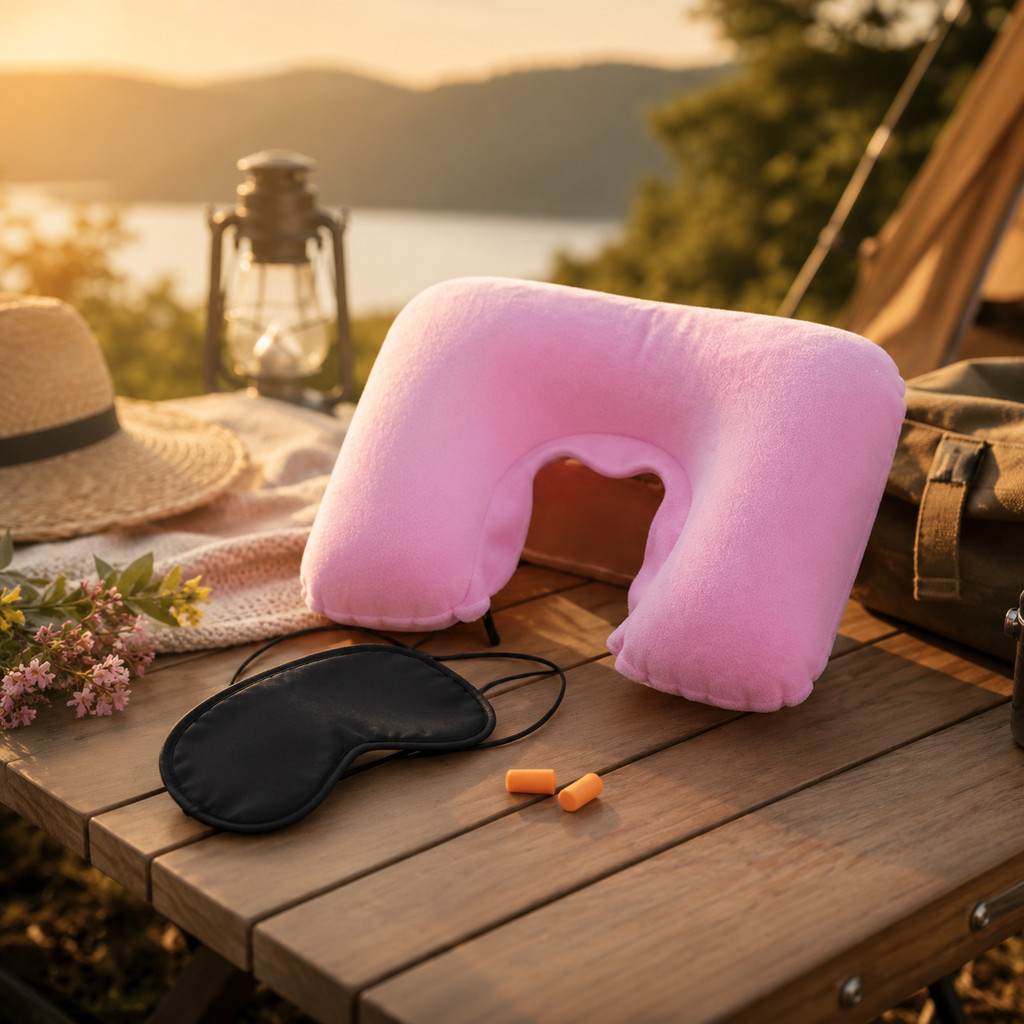 Almofada Inflável de Pescoço Portátil Kit Viagem com Travesseiro Máscara e Protetores Auriculares