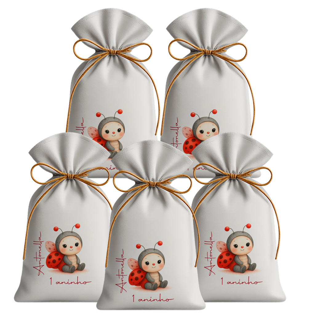 Kit 20 Saquinhos Sacolinhas Lembrancinha Festa Aniversário Tecido Personalizado Joaninha Cute