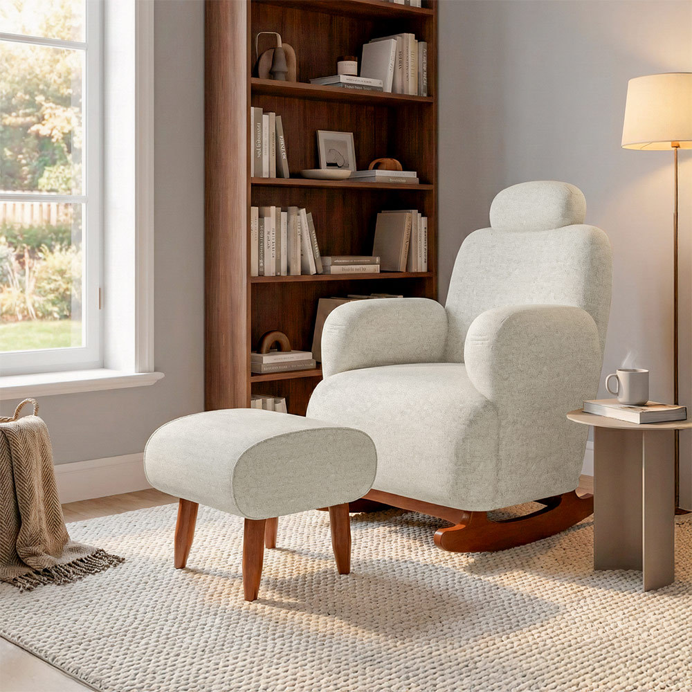 Poltrona Orgânica de Balanço Super Premium Aurora com Puff Tecido Chenille Off-white