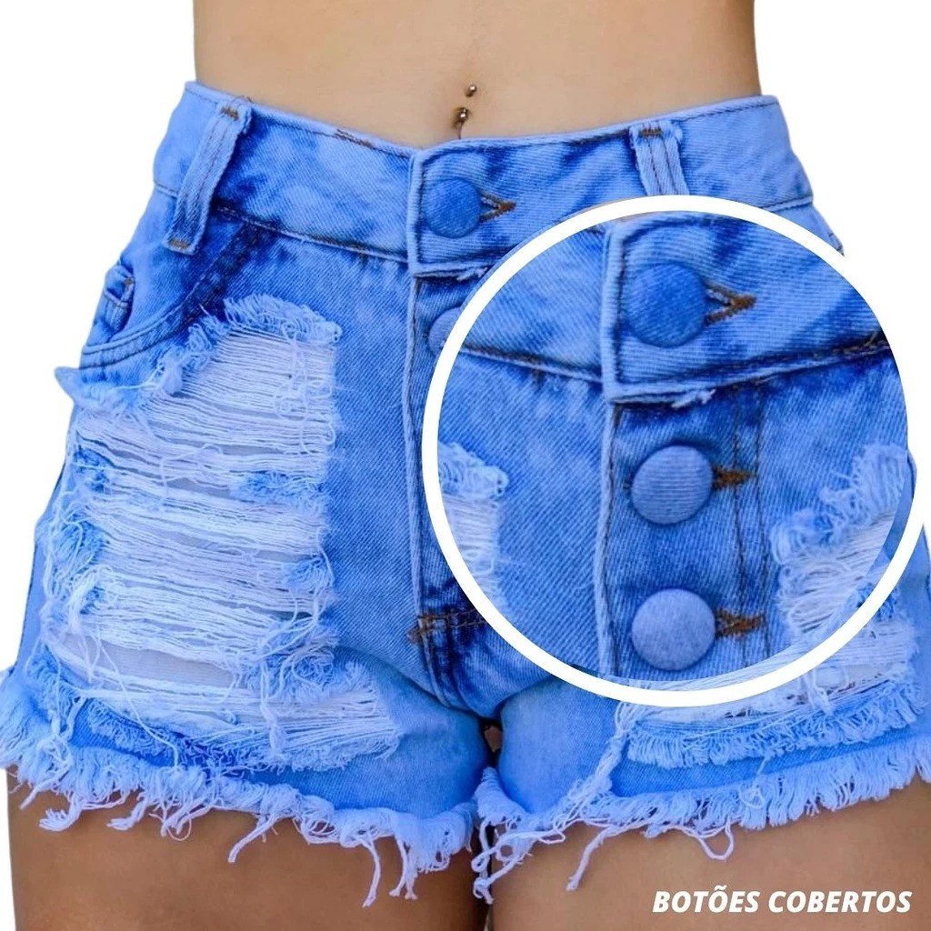 Short Jeans Feminino Soft Cós Alto Destroyed Barra Desfiada, Xamã Modas — imagem 2 de 2