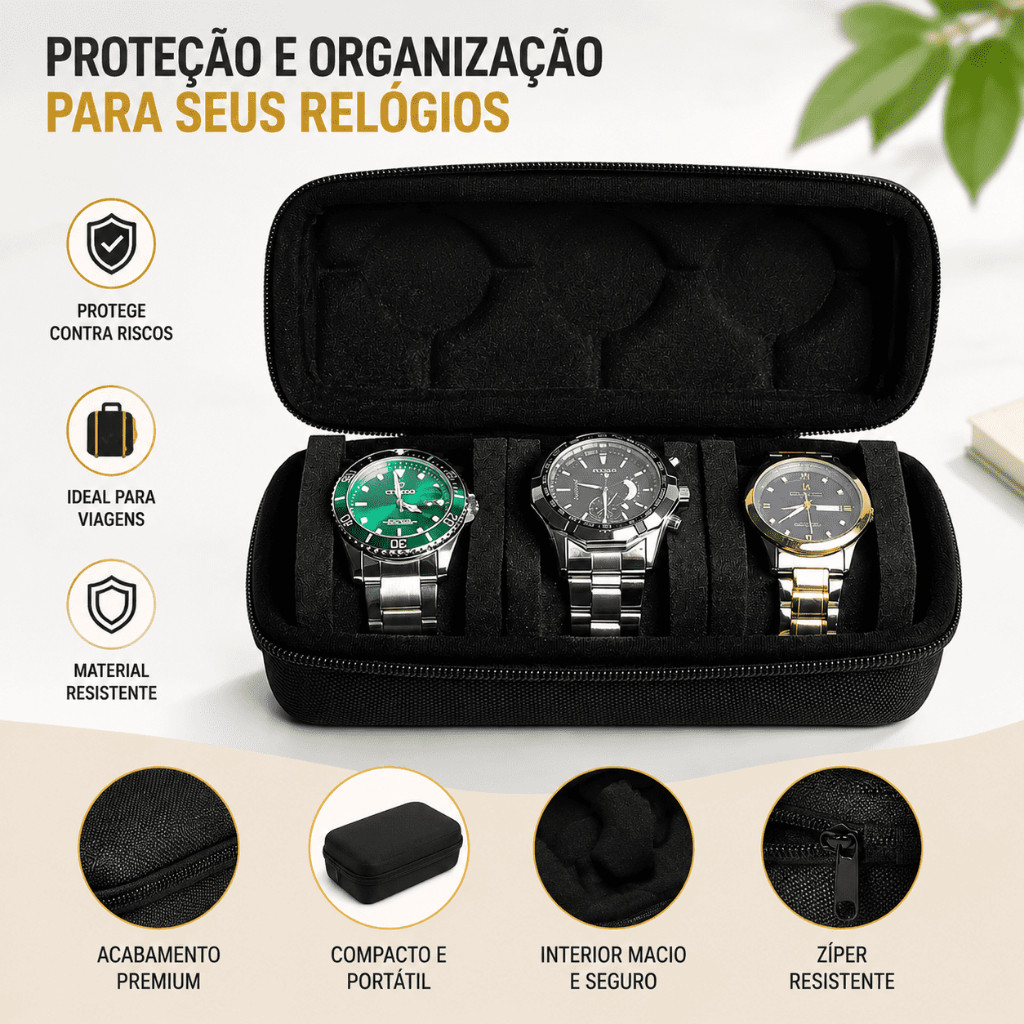 Estojo Case Organizador Porta Relógios com 3 Espaços para Viagem Cor Preto Vendido(s) - Variação: