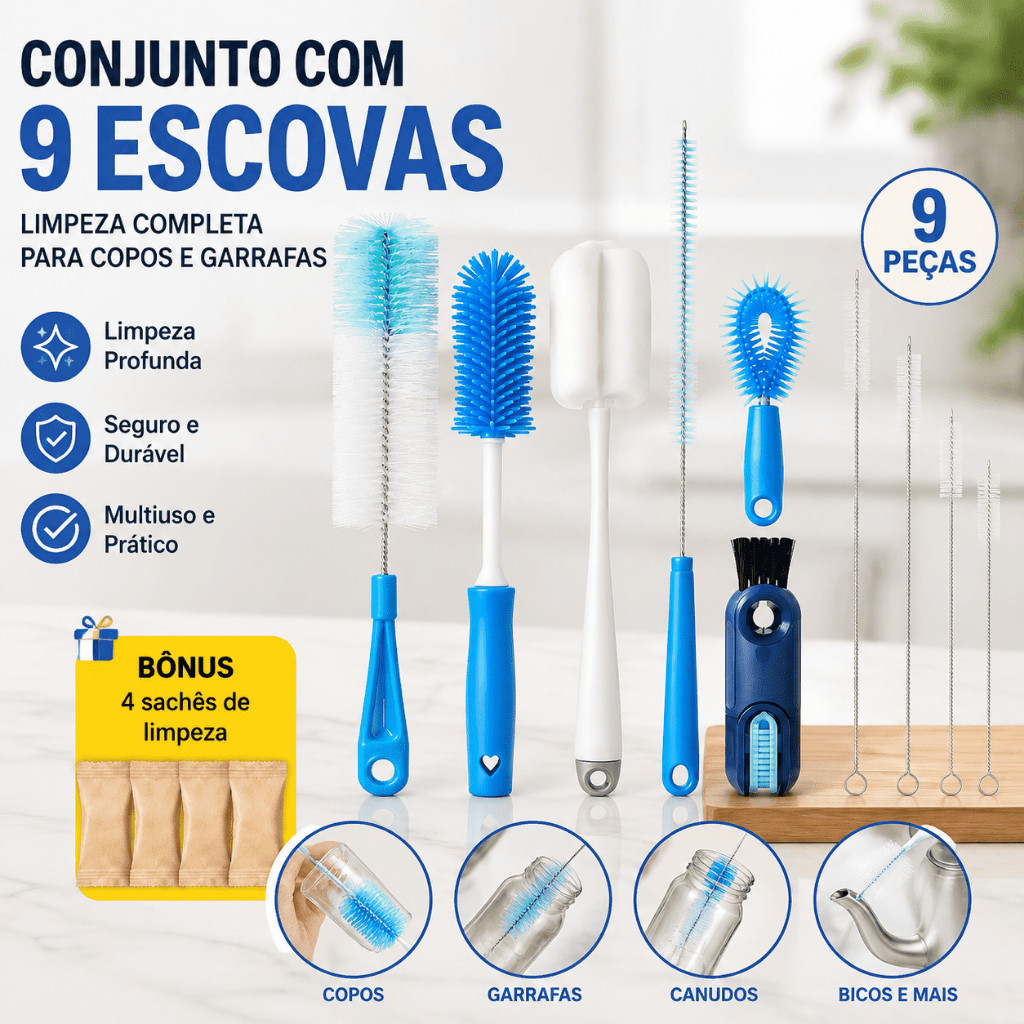 Conjunto De 9 Escovas De Limpeza Multiuso Com Cabo Longo, Escova De Canudo, Escova De Limpeza De Copos Vendido(s) 