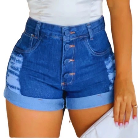 Short Jeans Feminino Soft Bermuda Cintura Alta Barra Dobrada Empina Bumbum, Edna Moda