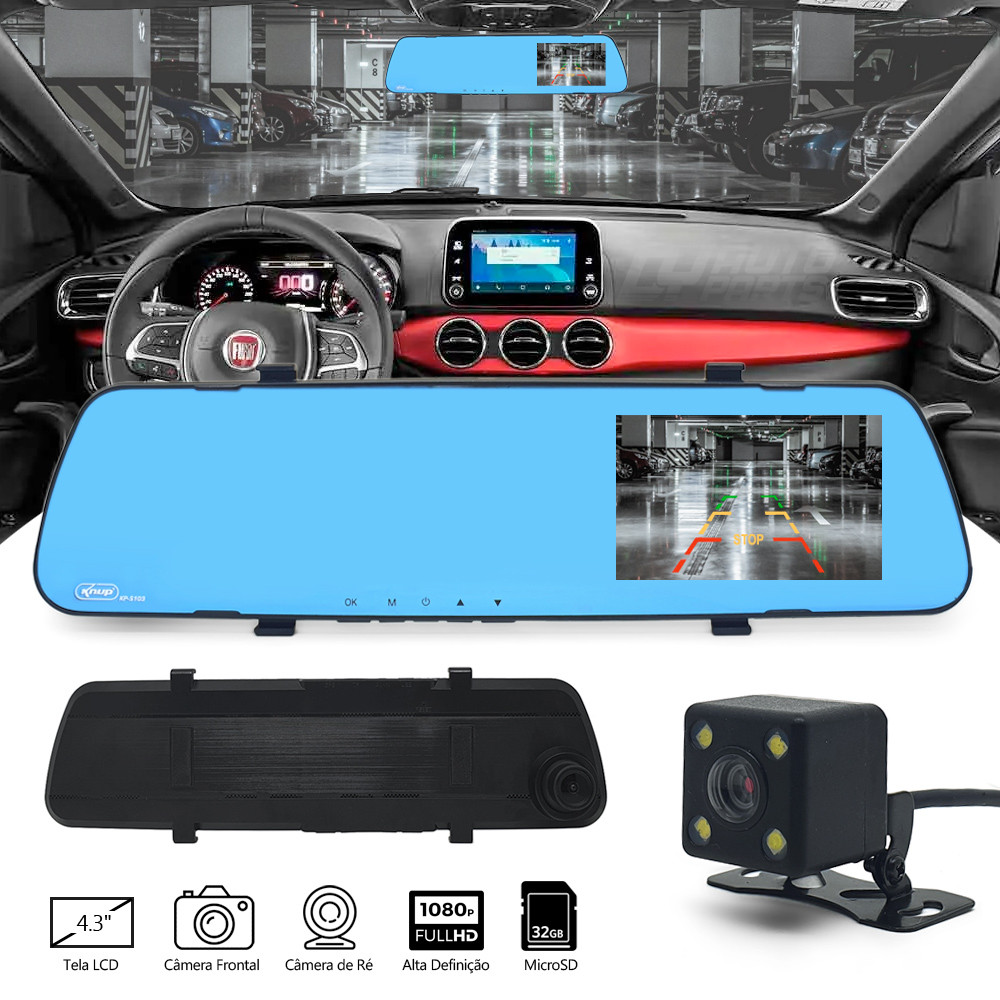 Kit Retrovisor c/ Tela + Câmera Dianteira e Traseira Duster 2012 2013 2014 2015 2016 Estacionamento