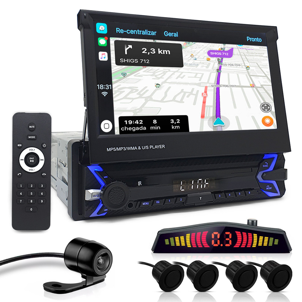 Multimídia Tela Retrátil + Câmera + Sensor Ré Preto Fosco Corolla 2013 2014 2015 2016 2017 Espelhamento Carplay Car Play