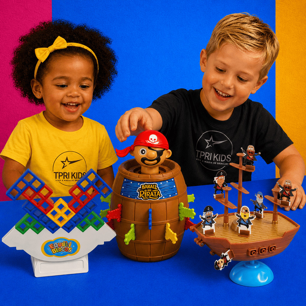 Kit 3 Jogos Brinquedo Infantil Educativo Torre Maluca + Navio Pirata + Pula Pirata Presente Criativo