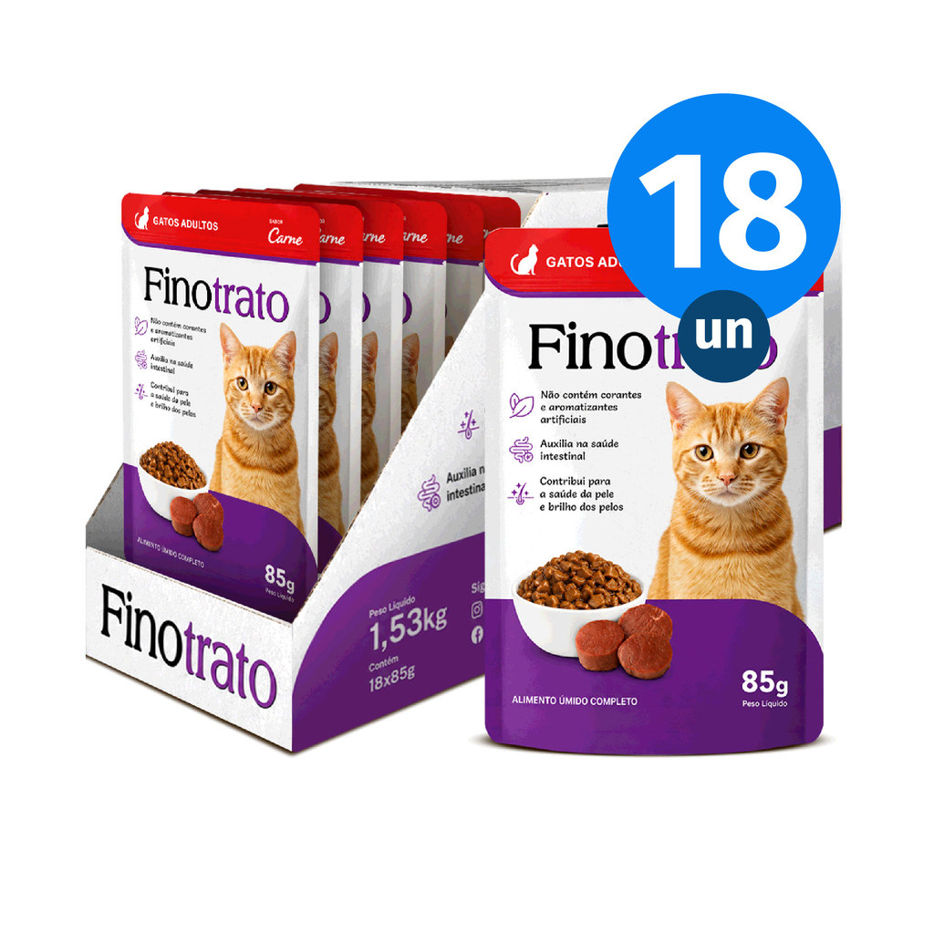 Kit CAIXA FECHADA 18x Sachê Finotrato Gatos Adultos Sabor Carne 85g