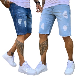 Kit 2 Bermudas Preta Branca Rasgada Jeans Destroyed Masculina