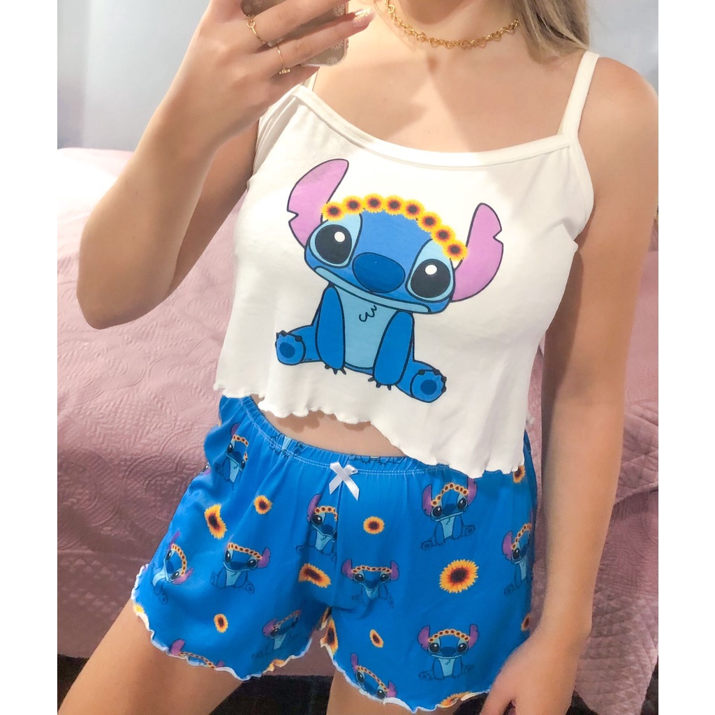 Pijama Baby Doll Feminino Cropped Ondinha Alça Virginia - Personagem Stitch  Girasol | Shopee Brasil