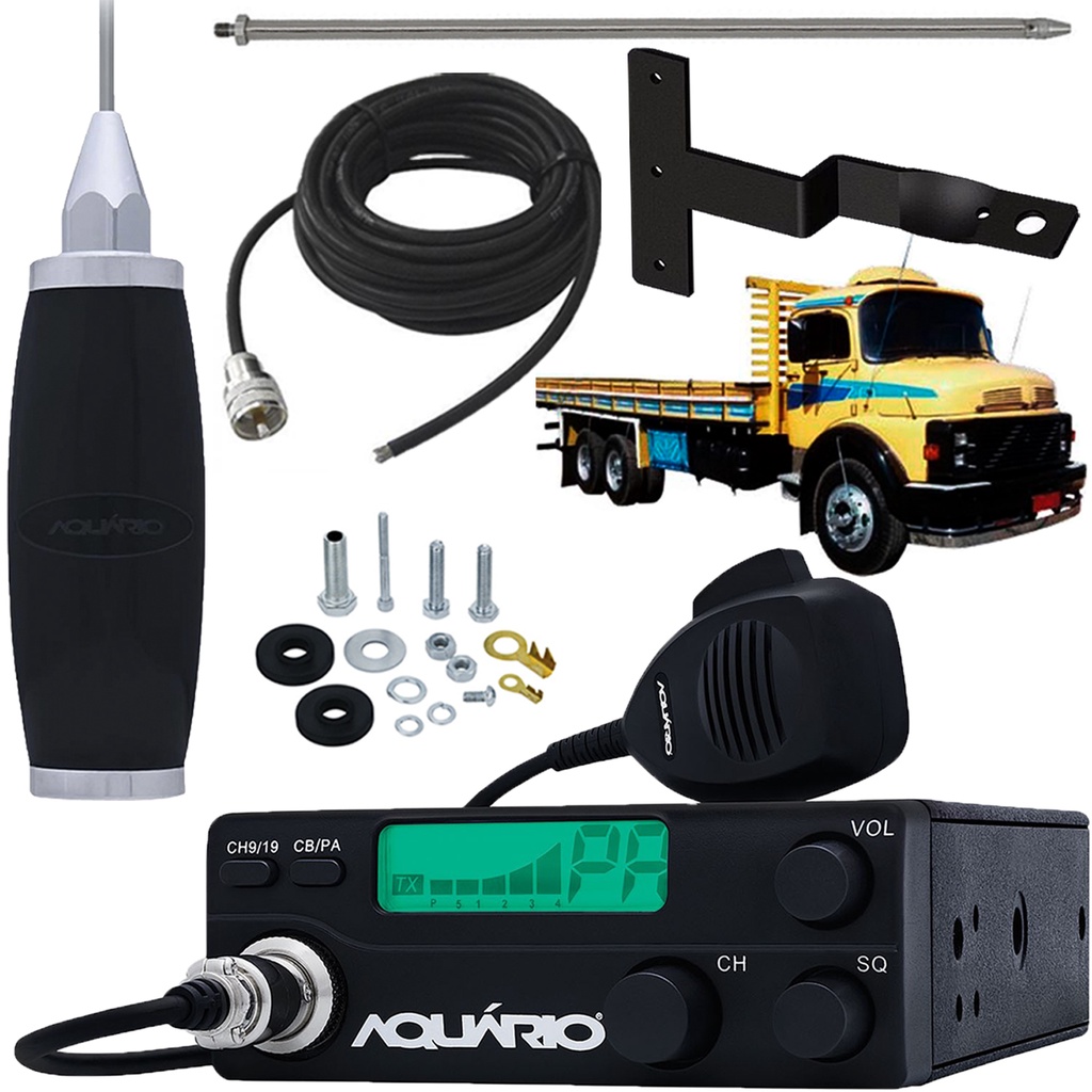 Radio Móvel Px 40 Canais RP-40 Antena Inox 2,70 metros Cabo 5,5m Alongador 60cm Suporte Dianteiro Mercedes Benz Antigo Cara Preta