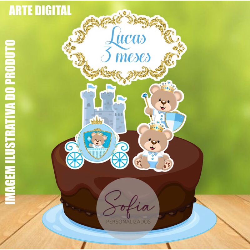 Topo de Bolo - Topper de Bolo Personalizado Aniversário Mesversario Chá de bebê Urso Realeza Ursinho Príncipe