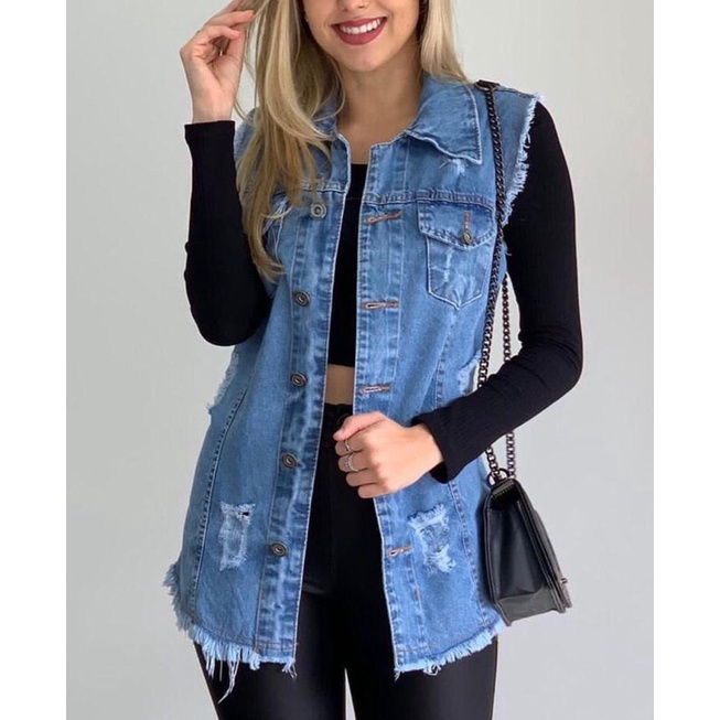 colete feminino longo jeans com bolso