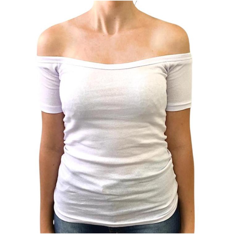 Blusa manga curta ombro a ombro BRANCA 96% algodão 4% elastano em Oferta na Shopee