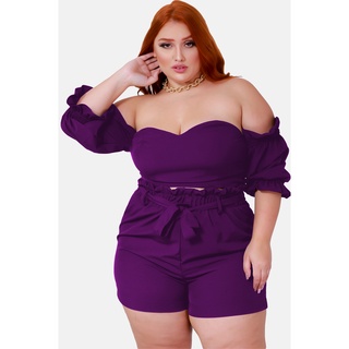 Conjunto Short e Cropped Feminino Plus Size Violet Decotado com Bojo Cigana Flare Cintura Alta com Laço Verão Tamanhos Grandes 46 48 50 52 54 56