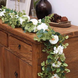 Eucalipto Artificial 6.6ft Garland Greenery Folhas Com Branco/Rosa/Champagne Rosas Claro Para Festa Mesa De Casamento Interior E Exterior Decoração De Parede