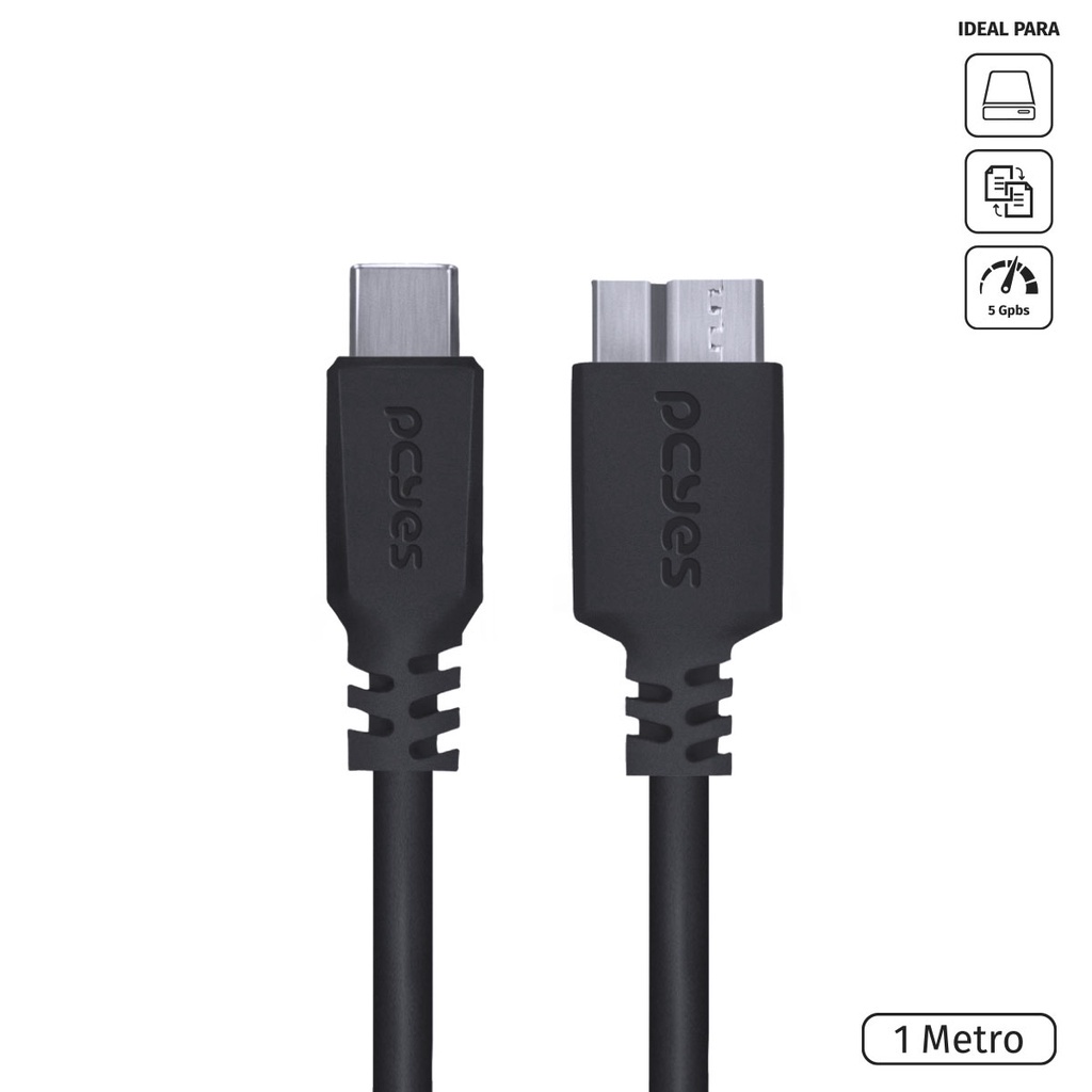 Cabo Para Hd Externo Usb Tipo C Para Micro Usb B 3.0 1 Metro Preto - P3ucmbp-1