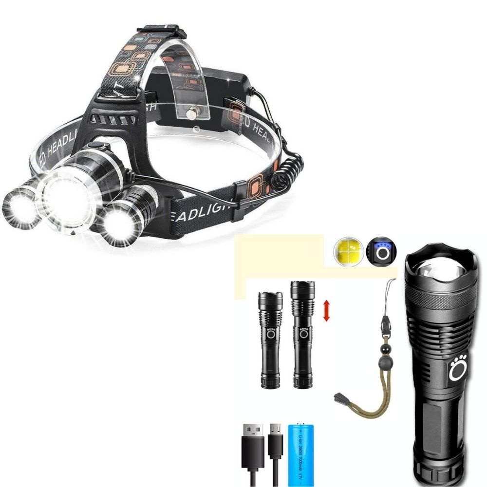 Kit Lanterna de cabeça e Lanterna tática T9 Recarregável Caça, Pesca, Camping em Oferta na Shopee