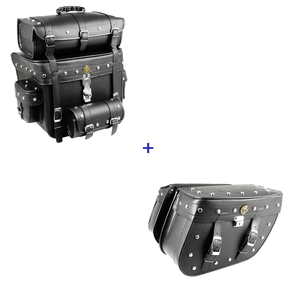 Kit Viagem Alforge Traseiro 62 Litros C/ Fechadura Trava em Couro Sintético C/ Cravos + Alforge Lateral Losango 32 Litros em Couro Sintético C/ Cravos e Chave Tranca
