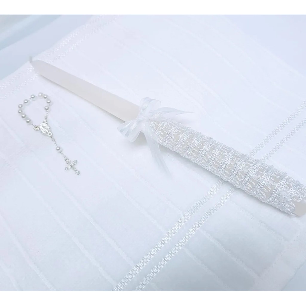 Kit Vela Decorada Batizado Batismo Bebê + Terço em Oferta na Shopee