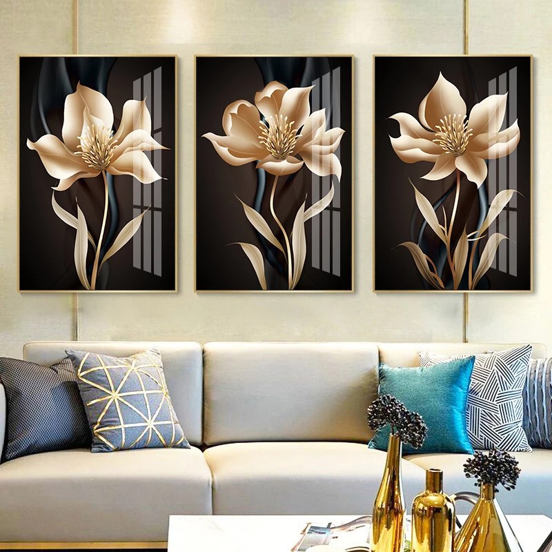 Kit Quadros Decorativos 3 peças 120X60 MDF Flor Dourada Orquidea Marrom Sala Quarto Decoração Casa em Oferta na Shopee