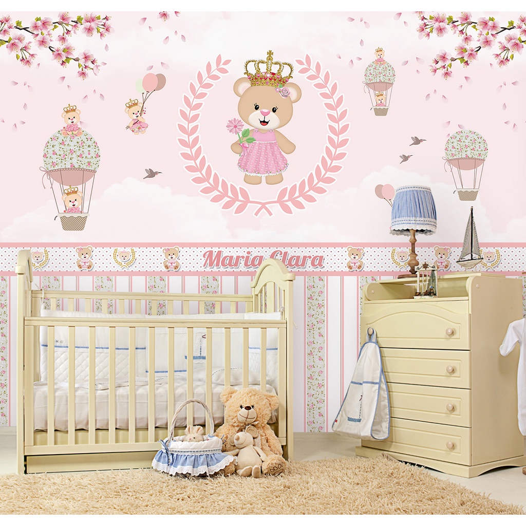 Papel de Parede Autocolante Adesivo Ursa Princesa Design Floral Quarto de Bebê m²